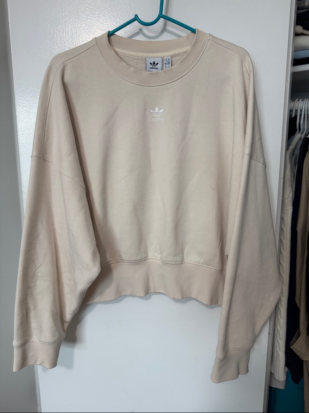 adidas Cropped Trefoil Crewneck in Pale Beige